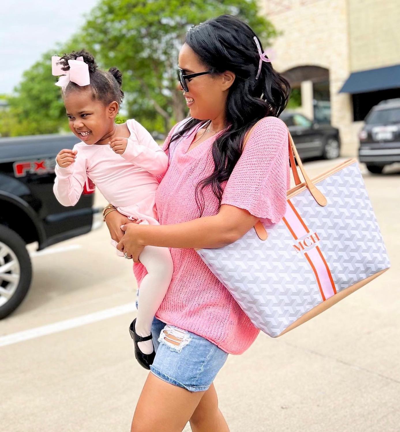 Stylish personalized stripe tote bag perfect for mom and toddler outings